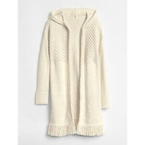 GAP Womens Longline Fringe Hooded Cardigan Sweater Open Ivory Knit Sz M